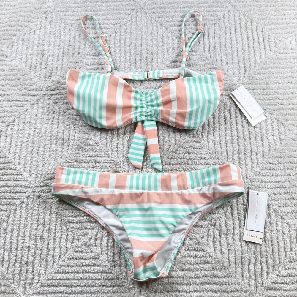 Raisins Coco Stripe Bikini Set Women's Medium Mint Peach Swim Beach Pool Retro